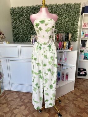 Strapless White Jumpsuit with Green Tropical Print